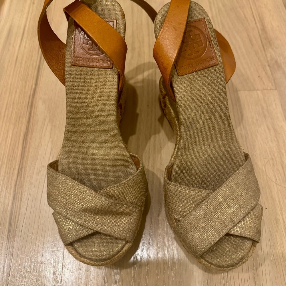 Tory Burch Brown and Tan Espadrilles with Crisscross Design